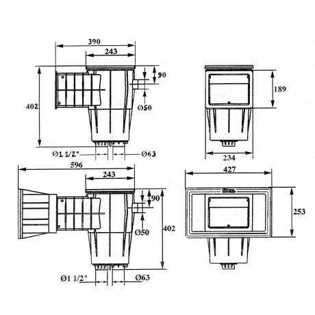 Skimmer Kripsol sání 400 mm x 230 mm, pro fólie, s vak. kotoučem