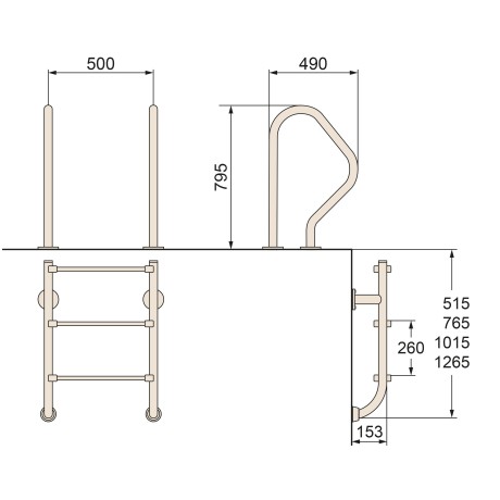 Žebřík nerez dvoudílný -- 2 stupně (kotvení přírubou), spodní díl; AISI 316 