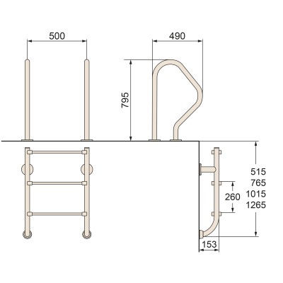 Žebřík nerez dvoudílný -- 3 stupně (kotvení přírubou), spodní díl; AISI 316 