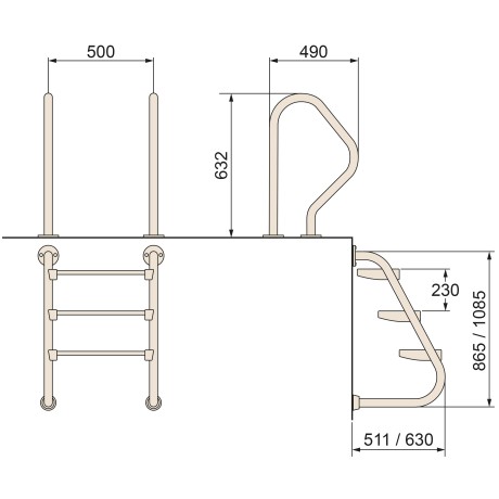 Žebřík nerez dvoudílný -- 5 stupňů (kotvení přírubou), spodní díl, AISI 316