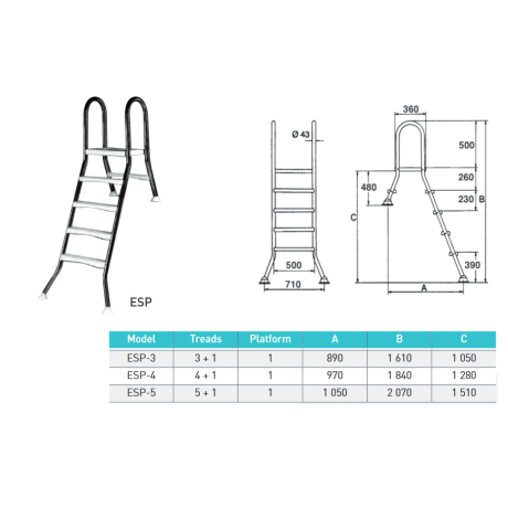 Žebřík ESP pro nezapuštěné bazény, 5+1 stupeň, pro bazény 1,5 m výšky, AISI 304