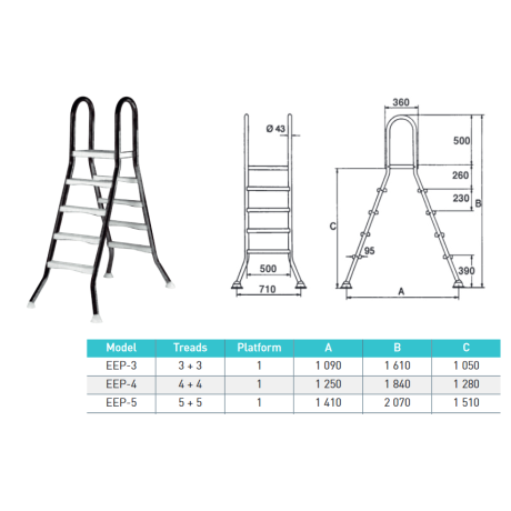 Žebřík EEP pro nezapuštěné bazény, 4+4 stupně, pro bazény 1,2 m výšky, AISI 304
