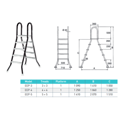 Žebřík EEP pro nezapuštěné bazény, 5+5 stupně, pro bazény 1,5 m výšky, AISI 304