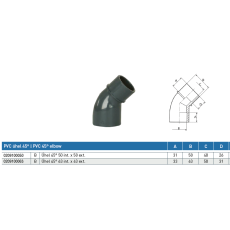 PVC tvarovka - Úhel 45° 50 (vnitřní rozměr) x 50 (vnější rozměr) 