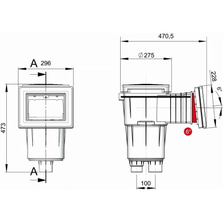 Skimmer 17,5 l s úkosem 6°, standardní hrdlo, mosazné zástřiky