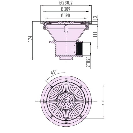 Podlahová výpust VA, pro fólii, mosazné zástřiky M6
