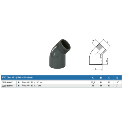 PVC tvarovka - Úhel 45° 50 x 1 1/2“ (vnější rozměr) 