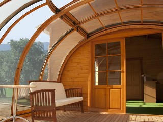 Pohled do posuvného zastřešení vířivých van Oasis v provedení dřevodekor